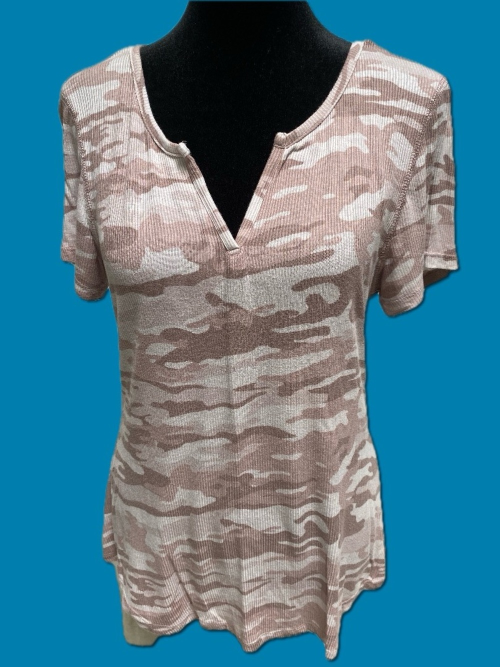 Wishful Park Brown Camo Short Sleeve V-Notch Top